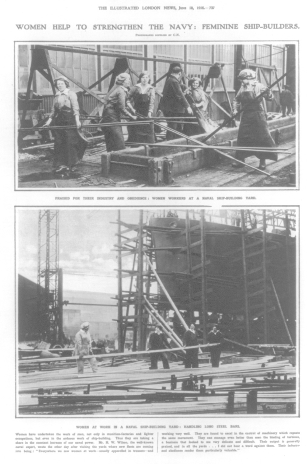 Schwarzes und weißes Foto von Frauen, die auf einem Schiff arbeiten, umgeben von Metallstangen und anderen Gegenständen, mit dem Text "Frauen stärken die Marine Feminine Schiffbauer" oben und unten.