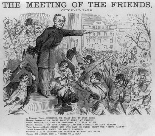 Eine handgezeichnete Abbildung auf Papier zeigt eine Gruppe von Menschen mit Waffen in City Hall Park, im Hintergrund ein Gebäude und der Text "Die Zusammenkunft der Freunde, City Hall Park."