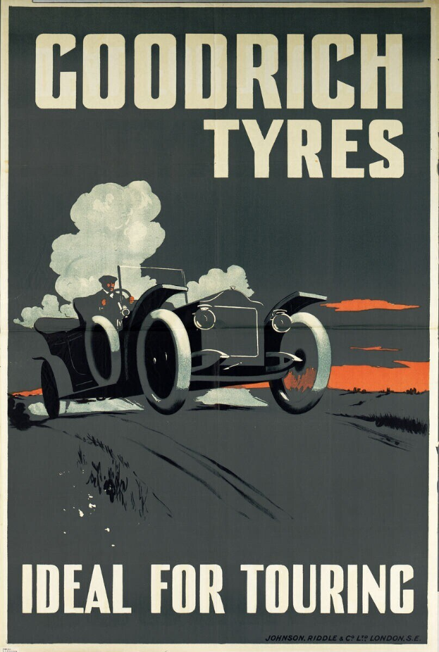 Plakatwerbung für Goodrich Reifen mit einem Auto und einer Person darin, das Unternehmensinformationen und -dienstleistungen enthält.
