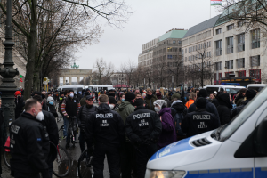 Eine große Gruppe von Menschen steht vor einem Polizeiwagen auf einer von Bäumen, Laternenmästen und Gebäuden umgebenen Straße, einige tragen Kappen und Masken, Fahrráder im Vordergrund, ein Tor mit Säulen und eine Flagge im Hintergrund und der Himmel öber ihnen