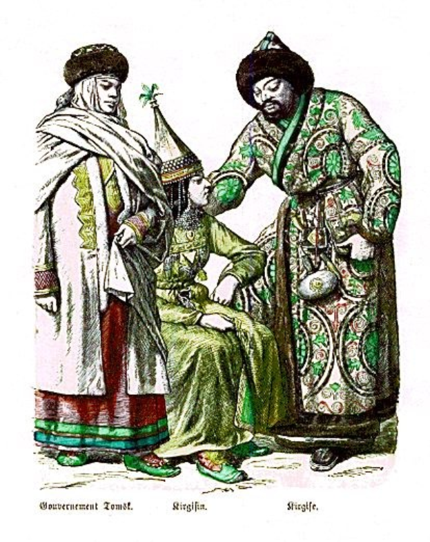 Gemälde eines Mannes in Turban und langem Gewand, der auf einem Stuhl sitzt, und einer Frau in einem prächtig bestickten Kleid mit einem Kopftuch neben ihm, beide mit ernsten Gesichtern, beschriftet mit 'Türkisch' unten.