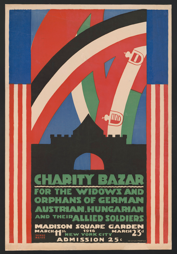 Ein Plakat für eine Wohltätigkeitsbasar, der die Witwen und Waisen von Soldaten verschiedener Nationen unterstützt, mit Text zu den Einzelheiten des Ereignisses.