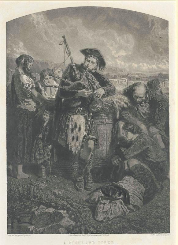 Schwarze und weiße Gravur eines Mannes, der vor einer Gruppe von Menschen eine Dudelsackpfeife spielt, mit einem bewölkten Himmel im Hintergrund, mit der Beschriftung "Ein Highland-Pfeifer" unten.