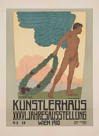 Deutsches Propagandaplakat aus dem Jahr 1910 mit einem geflügelten Mann in einem Kranz, mit ausgestreckten Armen und der großen Schrift "Künstlerhaus Wien 1910" darüber.