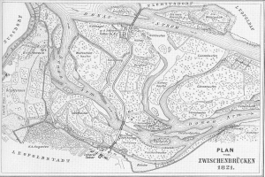 Eine Schwarz-Weiß-Karte der Stadt Zwischenbrucken aus dem Jahr 1821, die detaillierte Straßen und Text zeigt.