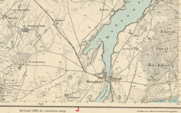 Ein altes Stadtplan von Stendsitz, Deutschland, das Straßen, Gebäude, Sehenswürdigkeiten und einen Fluss zeigt, der durch die Stadt fließt, mit Textangaben zur Bevölkerung, Bevölkerungsdichte und Lage.