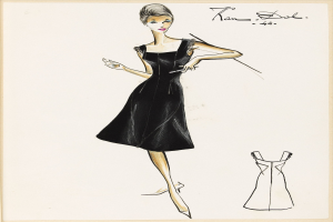 Eine Schwarz-Weiß-Skizze einer Frau in einem eng anliegenden Oberteil und einem knielangen Rock, die schwarze High Heels trägt und eine glatte Hochsteckfrisur hat, mit feinen Zügen und einem abgewandten Blick.