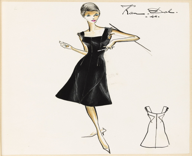 Eine Schwarz-Weiß-Skizze einer Frau in einem eng anliegenden Oberteil und einem knielangen Rock, die schwarze High Heels trägt und eine glatte Hochsteckfrisur hat, mit feinen Zügen und einem abgewandten Blick.