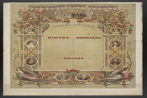 Ein illustrierter Familienstammbuch-Eintrag mit schwarzem Hintergrund, der Bilder von Menschen und den Text "Geburten, Hochzeiten, Tode" zeigt.