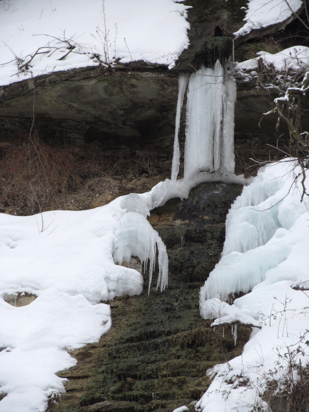 Ein kleiner Wasserfall ergießt sich eine schneebedeckte, eisige Felswand in einem bewaldeten Gebiet hinab, umgeben von schneebedeckten Bäumen.