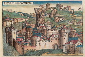 Gravur einer mittelalterlichen Stadt mit einer Burg auf einem Hügel, umgeben von Gebäuden, Bäumen und einem Himmel, mit Text oben.