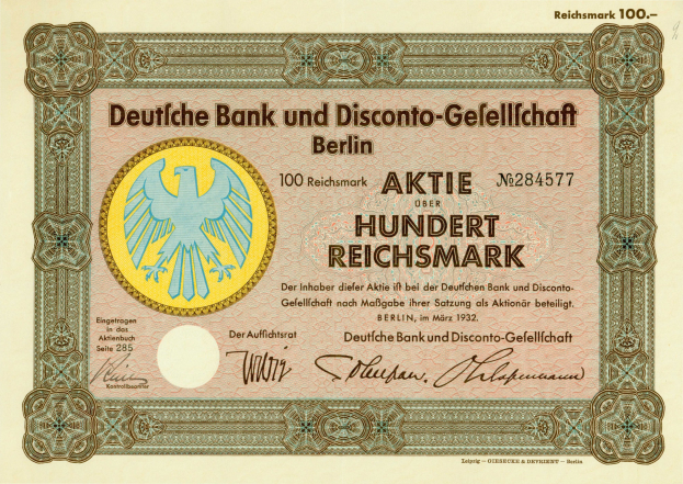 Deutsche Banknote mit einer Vogeldarstellung und dem Text "Deutsche Bank und Disconto-Gesellschaft Berlin".