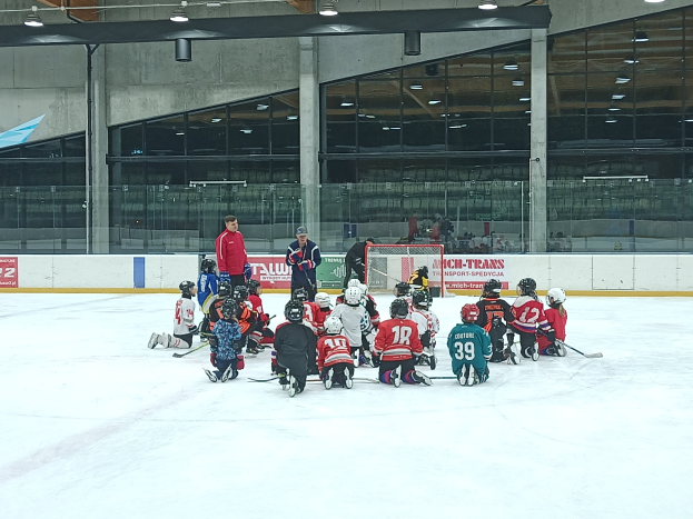 Eine Gruppe von Kindern in Helmen und mit Hockey-Schlägern sitzt auf einem Eisstadion, mit einer Wand aus Glas und Säulen, Deckenlampen und Texttafeln im Hintergrund.
