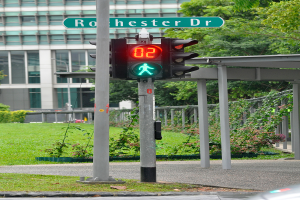 Eine Verkehrsampel an der Seite einer Straße, umgeben von Gras, Pflanzen, Bäumen und einem Gebäude im Hintergrund.