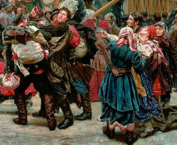 Gemälde von Menschen in traditioneller russischer Kleidung, die vor einer Menge tanzen, einige halten Gegenstände, mit einem hölzernen Haus im Hintergrund, das eine lebhafte Szene aus der russischen Revolution darstellt.