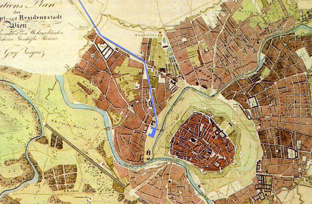 Ein detailliertes altes Stadtplan von Hamburg, Deutschland, mit Straßen, Gebäuden und Sehenswürdigkeiten, mit einer blauen Linie hindurch und Text, der Informationen über die Bevölkerung und bemerkenswerte Orte liefert.