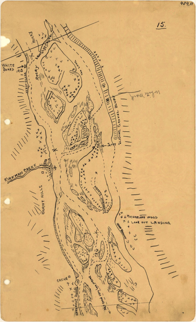 Alte Stadtkarte auf altem Papier mit detaillierten Straßen, Gebäuden und Sehenswürdigkeiten, begleitet von beschreibendem handgeschriebenem oder gedrucktem Text.