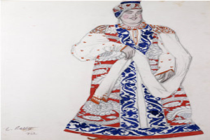 Eine Zeichnung eines Mannes in einem Kostüm des 18. Jahrhundert-Königs von England, der majestätisch mit verschränkten Armen steht, trägt eine Krone und ein langes, detailliertes Gewand in rot, weiß und blau.