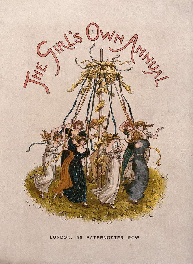 Illustration aus 'The Girl's Own Annual': Kinder in bunten Kleidern tanzen um einen geschmückten Maibaum.