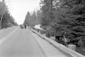 Ein Schwarz-Weiß-Foto eines Lastwagens, der gegen einen Baum auf der Seite der Straße geprallt ist, mit einigen Menschen auf der linken Seite und vielen Bäumen im Hintergrund.