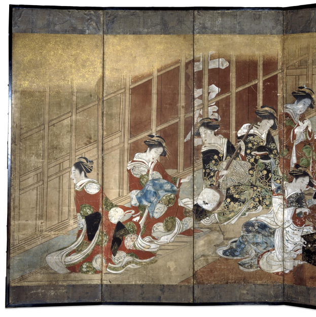 Ein japanischer Vier-Paneel-Bildschirm aus der Meiji-Zeit, der eine Gruppe von Frauen in Kimonos zeigt, die in einem Kreis stehen, wobei eine Frau in der Mitte die Arme ausbreitet, vor einem tiefblauen Hintergrund.