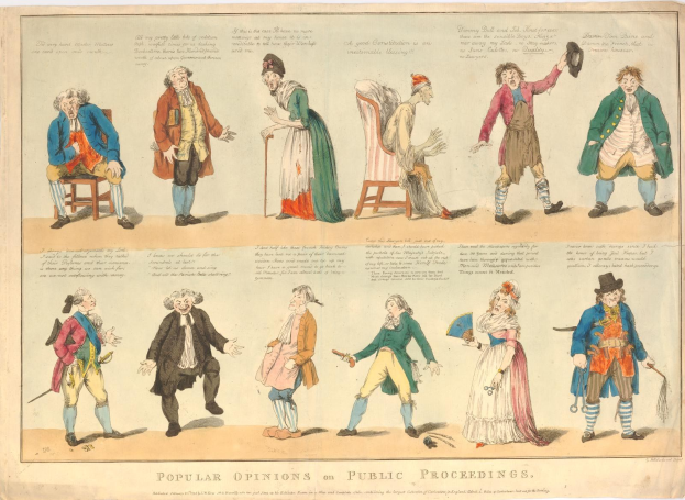 Zeitung mit Abbildungen von Menschen und handgeschriebenem Text, die öffentliche Meinungen zu rechtlichen oder Regierungsangelegenheiten veranschaulicht.