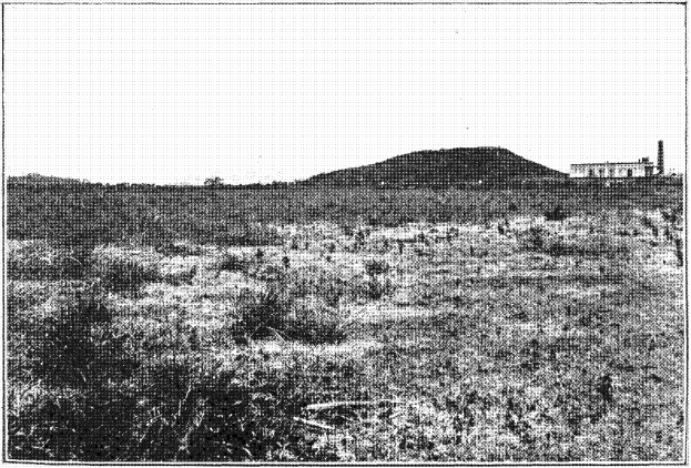 Schwarzes und weißes Foto eines Feldes mit einem Hügel im Hintergrund, einem Gebäude auf der rechten Seite und einem Himmel oben, mit dem Text "New York State Penitentiary" unten.