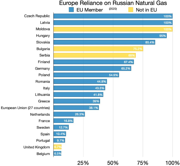 Balkendiagramm, das den prozentualen Anteil von Russlands Erdgasimporten in Europa zeigt, mit landesspezifischen Daten und Investitionsprozenten.