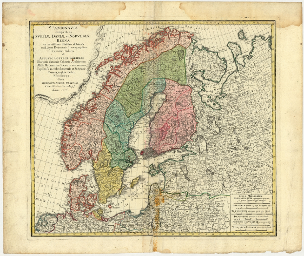 Ein altes Kartenblatt von Skandinavien, das Schweden und Norwegen hervorhebt, mit beschreibendem Text auf dem Papier.