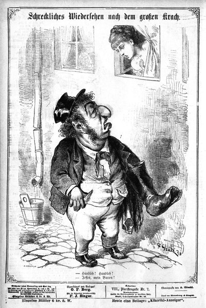 Cartoon-Illustration eines Mannes mit Zylinder und einer Frau in einem Kleid mit einer Wand, einem Fenster, einem Eimer und anderen Gegenständen im Hintergrund, mit Text unten, der lautet "F. J. Singer, der erste deutsche Politiker, der in den Kongress gewählt wurde."