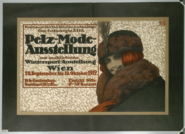 Ein Plakat wirbt für ein Wintersport-Event in Wien, Österreich, mit einem strahlenden Frau in einem Pelzmantel und Hut sowie Eventdetails im Text.