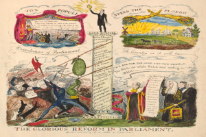 Ein buntes Blatt mit fettem Text und Bildern von verschiedenen, strahlenden Menschen, das eine Parlamentsreform mit Hoffnung und Optimismus zeigt.