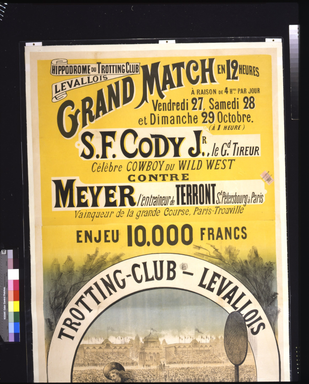 Alter Plakatwerbung für ein großes Match zwischen S.F. Cody und Meyer mit Textbeschreibung