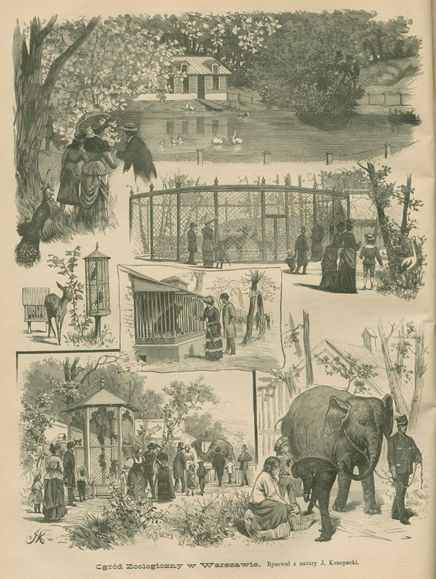 Ein altes Illustration von einer Zooszene mit Menschen, Tieren, Bäumen, Häusern und einem Zaun, mit Text unten.