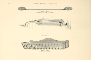Eine handgezeichnete Skizze eines Toilettenpapierhalters und eines Korbs mit begleitendem handgeschriebenem Text, der die Gegenstände beschreibt.