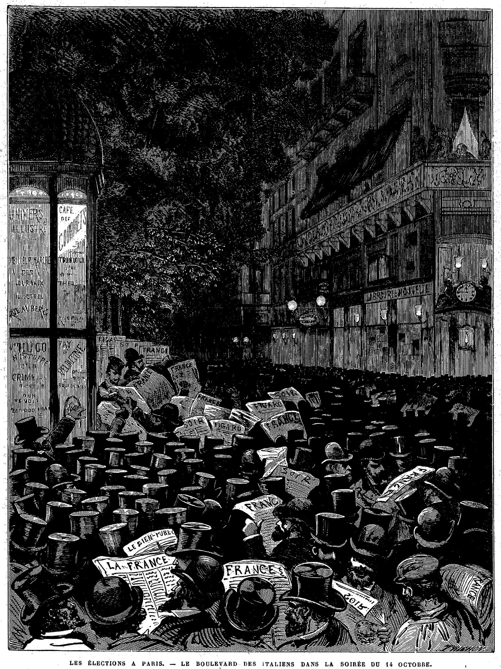 Schwarz-weiß-Illustration einer Menschenmenge auf einer Pariser Straße am Abend des 16. Oktober 1885 mit einem Gebäude auf der rechten Seite und einem Baum im Hintergrund.