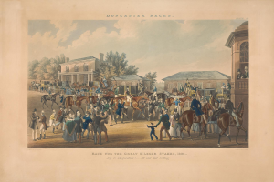 Gruppe von Menschen, die auf Pferden vor einem Gebäude mit Bäumen und Wolken im Hintergrund reitet, Text unten lautet "Doncaster Races, Race for the Great Stakes, 1839".