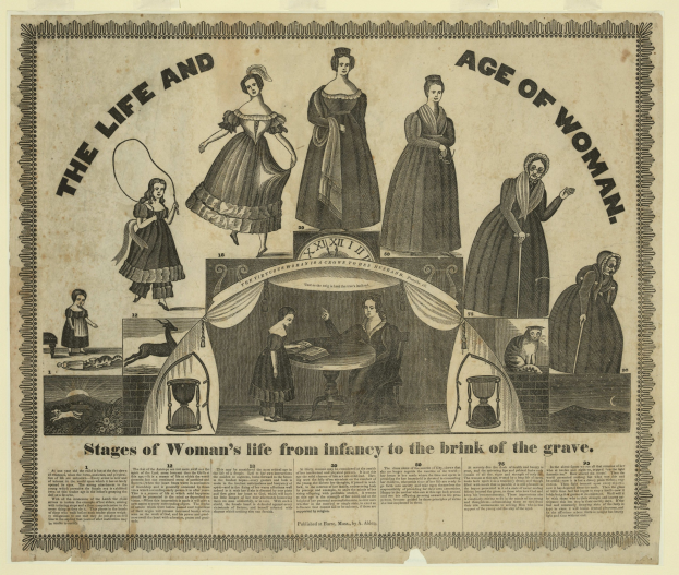 Ein farbenfrohes illustriertes Zeitachsen-Diagramm, das die Stadien des Lebens von Frauen von der Geburt bis ins hohe Alter darstellt, mit fetter Schrift und detaillierten Elementen.