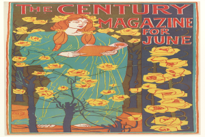 Eine Frau in einem weißen Kleid und einem blauen Schultertuch hält ein Buch in der Hand, mit der Aufschrift "The Century Magazine for June" darüber; sie hat einen sanften Ausdruck, und der Hintergrund ist ein hellblauer Himmel mit weißen Wolken.