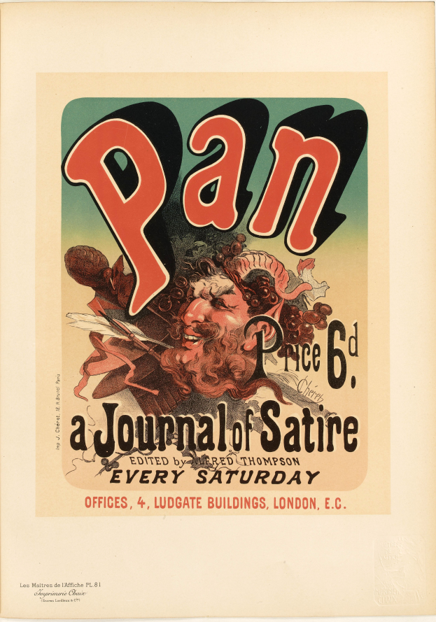 Ein Plakat mit einem Porträt eines Menschen mit kurzen, dunklen Haaren und einem ernsten Gesichtsausdruck, der ein weißes Hemd trägt, mit der Inschrift "Pan: Eine Zeitschrift für Satire" in fetter, schwarzer Schrift in der Mitte auf einem weißen Hintergrund.