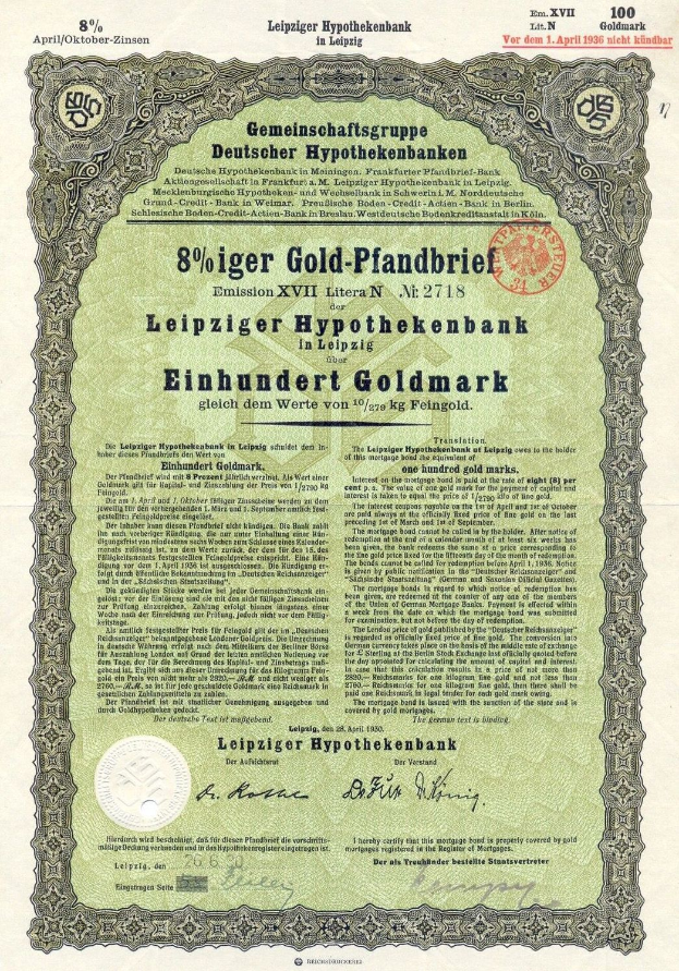 Ein altes grünes Aktienzertifikat der Leipziger Hypothekbank mit gedrucktem Text und einem Stempel.