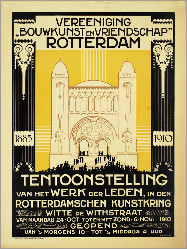 Plakatankündigung für ein Konzert in Rotterdam, Niederlande, mit einem Gebäude und Textbeschreibung.