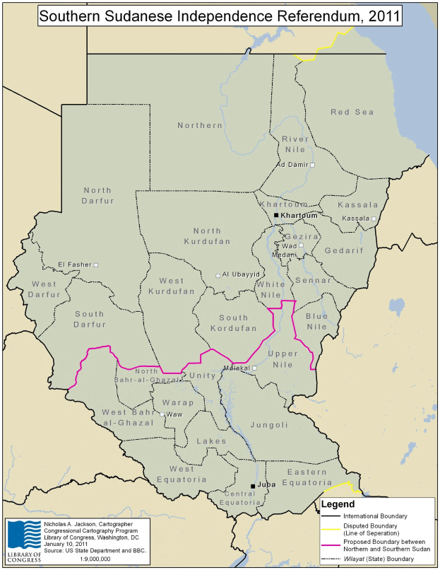 Plakat zeigt eine bunte Karte der Südsudanesischen Unabhängigkeitsreferendum in 2011 mit erklärendem Text.