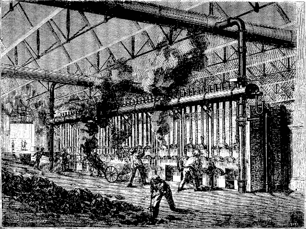 Schwarz-weiß-Illustration einer geschäftigen Stahlfabrik aus den 1910er Jahren mit Arbeitern, Maschinen und Konstruktions-elementen.
