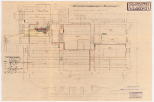 Schwarz-weißer Architekturplan des Rosenhof-Krankenhauses in Hamburg, Deutschland, der detaillierte Layouts mit zahlreichen Drähten und beschriftete Räume, Flure und Merkmale auf altem Papier zeigt.