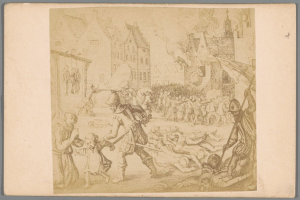 Eine Zeichnung von einer Gruppe von Menschen in einer Stadt, einige halten Fahnen, andere liegen am Boden, mit Gebäuden im Hintergrund, darstellend einen Kampf mit einer Person, die ein Schwert hält und eine andere einen Schild.