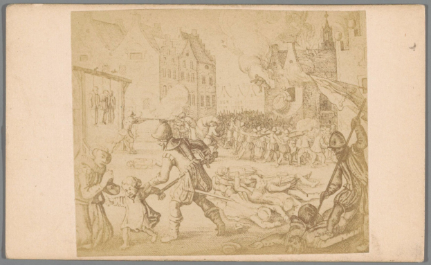 Eine Zeichnung von einer Gruppe von Menschen in einer Stadt, einige halten Fahnen, andere liegen am Boden, mit Gebäuden im Hintergrund, darstellend einen Kampf mit einer Person, die ein Schwert hält und eine andere einen Schild.