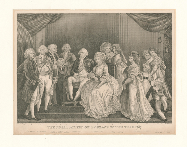 Eine Gruppe von Menschen aus der englischen Königsfamilie im Jahr 1787, die auf einer Treppe stehen und sitzen, mit Vorhängen im Hintergrund und Text am unteren Bildrand.
