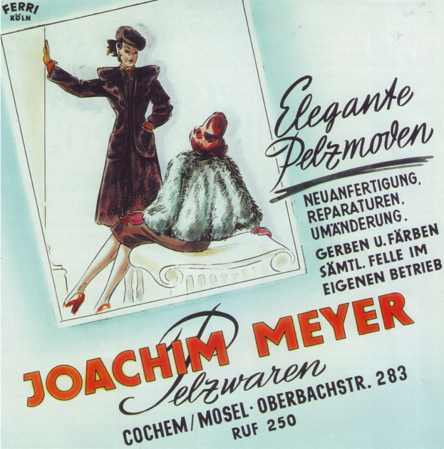 Ein Plakat für die deutsche Mode-Marke Joachim Meyer mit einer Frau in einem modischen Kleid und Text, der das Produkt beschreibt.