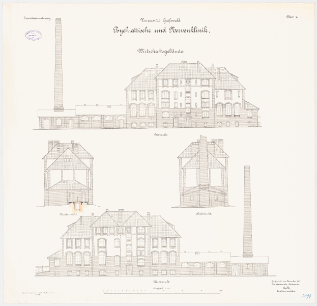 Eine Zeichnung eines mehrstöckigen Gebäudes mit zahlreichen Fenstern und einem prominenten Schornstein, das mutmaßlich ein Psychiatriekrankenhaus in Deutschland darstellen soll, begleitet von handgeschriebenem Text.